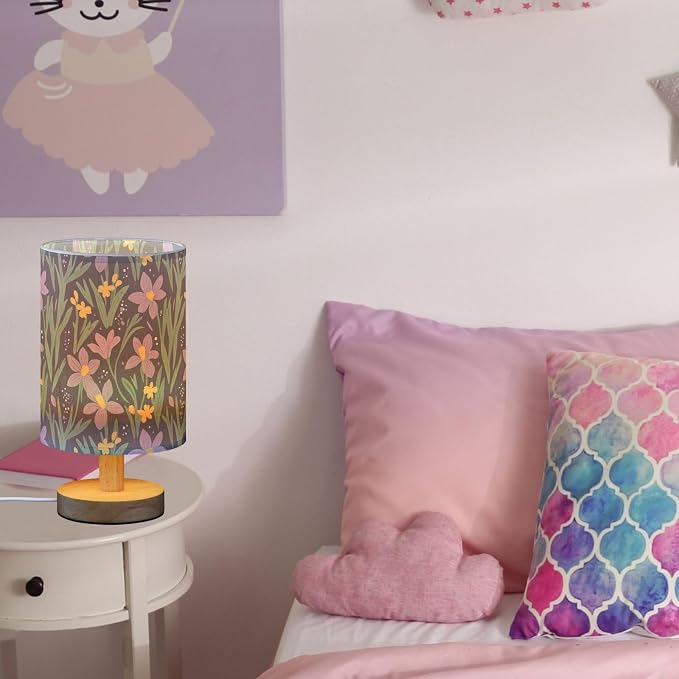 Purple Irises Flowers Yellow Daffodils Floral Bedside Table Lamps with USB Port for Bedroom Lamp Small Nightstand Lamp Sturdy Linen Shade Wooden Decorative Lamps for Living Room Home Dorm Kids