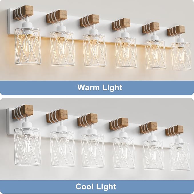 IZORRO Farmhouse Bathroom Vanity Light, 6-Light Wood Bathroom Light Fixtures Over Mirror, Matte White Industrial Vanity Lights with Metal Shade, Rustic Restroom Lighting Fixtures