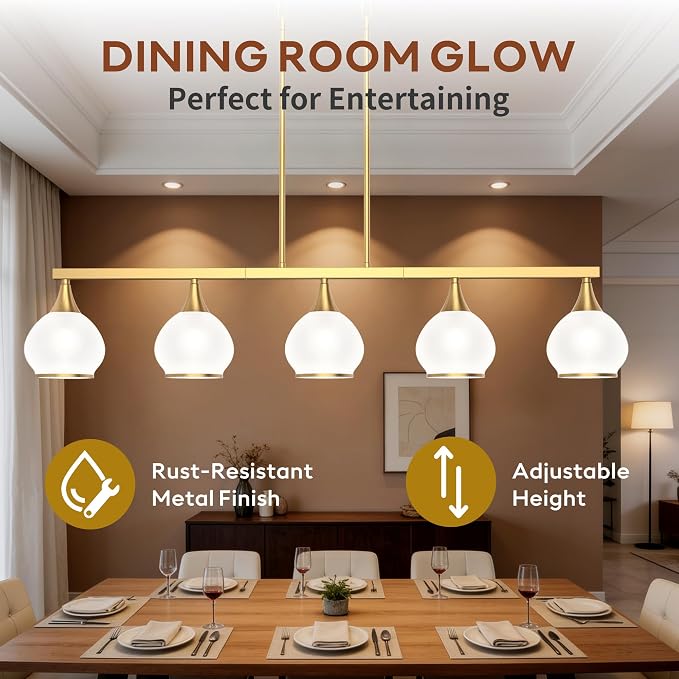 Kitchen Island Linear Pendant Light, 5-Light Gold Dining Room Chandelier with White Glass Globe Shades, Modern Linear Lighting Fixture Over Table