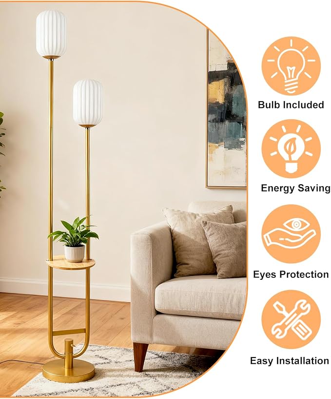 Lightdot 63IN Gold Dimmable Floor Lamp with Table, Mid Century Modern Tall Standing Lamps with 3000K Bulbs Included, Unique Vintage Floor Lamp for Living Room/Bedroom/Sofa Beside/Corner Decor