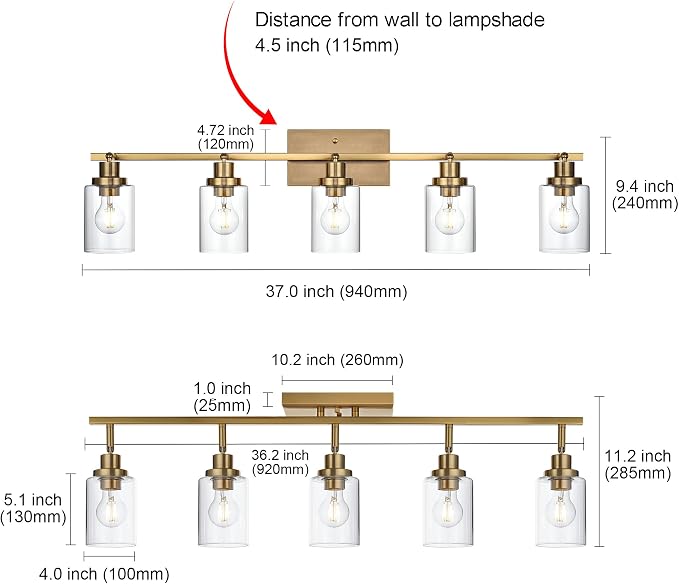 MELUCEE 5-Light Track Lighting Kit Brass with 5 Rotatable Light Heads | Semi Flush Mount Ceiling Light Fixture 37 Inch Modern Accent Lighting for Foyer Art Wall Kitchen, Clear Glass Shade