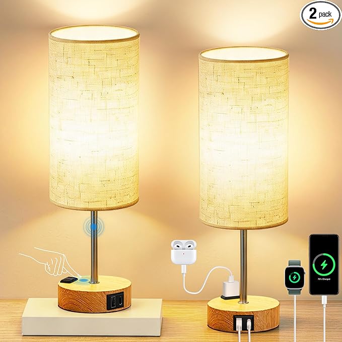 2-Pack Table Lamps, High-Sensitivity Touch, 3-Level Dimmable Bedside Lamp with AC Outlet | USB | and USB-C, Ideal Nightstand Lamps for Bedroom, Reading (2PCS, Warm&Wooden)