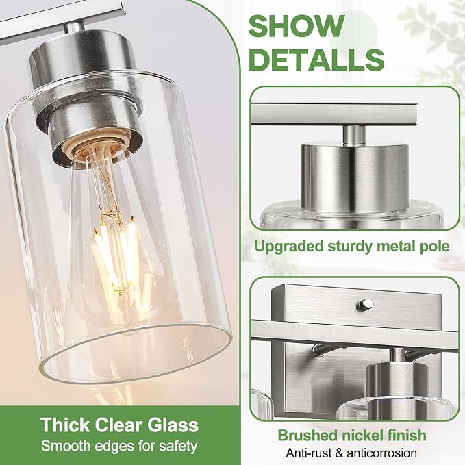 3-Light Bathroom Light Fixtures, Brushed Nickel Vanity Lights, Bathroom Lighting with Clear Glass Shade, Vanity Lighting fixtures for Mirror Kitchen Bedroom Hallway Living Room