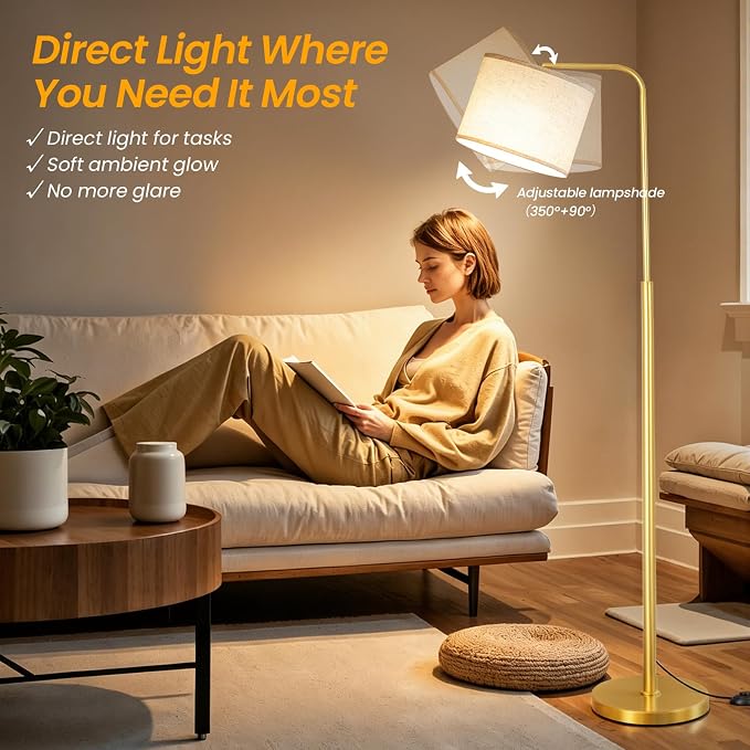 Arc Floor Lamp with Remote and Dimmable Gold Floor lamps for Living Room | Modern Tall Standing Lamp for Bedroom Corner and Office wiht Adjustable Hanging Drum Shade Over Couch Arched Reading Light