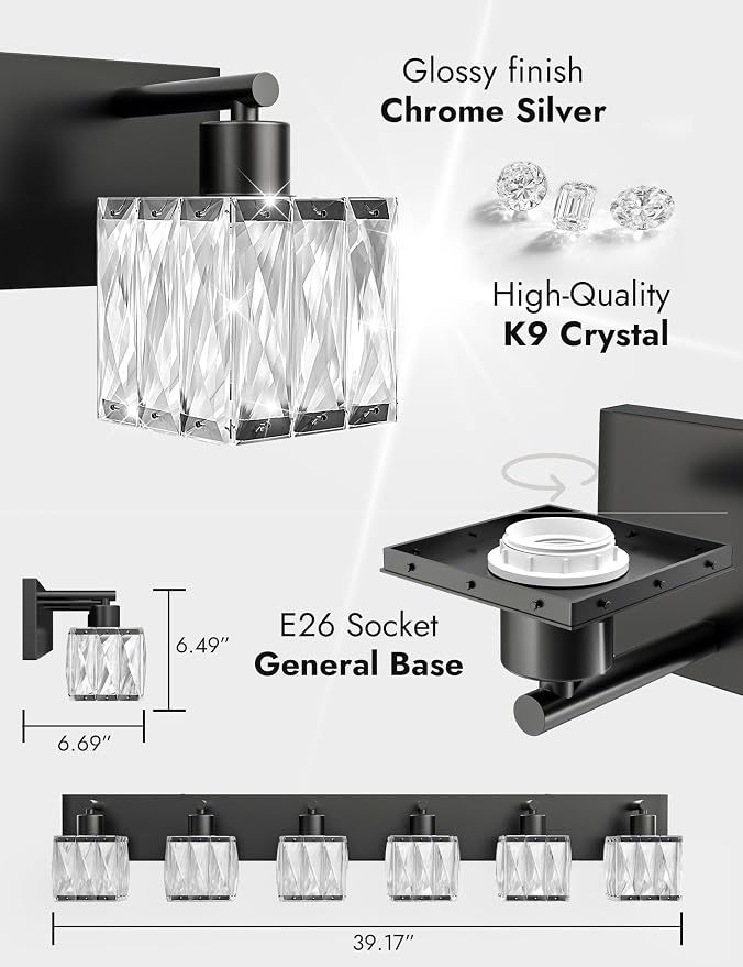 VOLISUN Black Bathroom Light Fixtures, Modern Bathroom Lighting Fixtures Over Mirror, 6 Light Bathrooms Vanity Light, Crystal Vanity Light for Bathrooms-UL Certificated(Exclude Bulb)