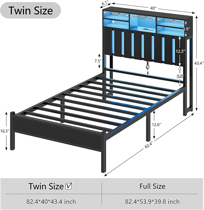 CSZZD Twin Size Bed Frame with Storage Headboard and LED Lights | Twin Bed with Charging Station & Storage Shelves, Black Metal Platform Bed with Under-Bed Storage, No Box Spring Needed