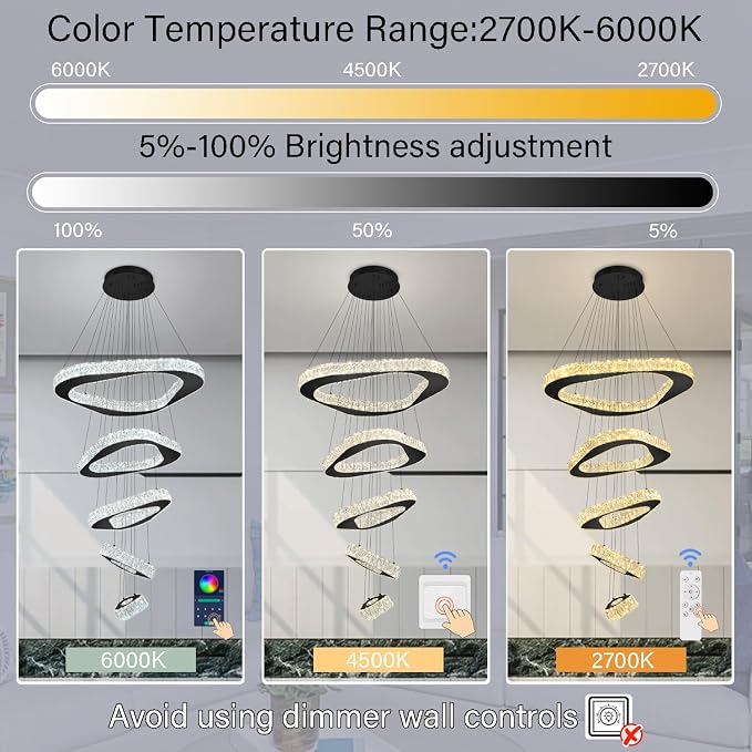 Large Modern Chandelier 5 Ring Chandeliers for High Ceiling Dimmable Black Chandelier High Ceiling Foyer Chandeliers for Living Room Dining Room Staircase