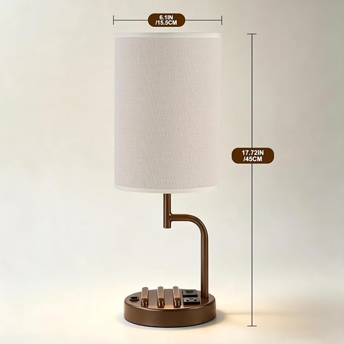 Dreamholder 2 Pack Table Lamp, Bedside Lamp with 3 USB Charging Ports & AC Outlet, USB Desk Lamp with 2 Phone Holders, Linen Fabric Shade Nightstand Lamps for Bedroom Living Room Office, Coffee Brown
