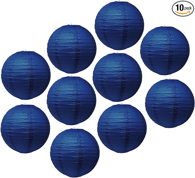 12 Inch Round Chinese Navy Blue Paper Lanterns Hanging Decor | 10 PCs, Reusable, Indoor Outdoor Decorative Lamp Shade, for Ceiling, Wedding, Shower, Party, Festival, Home Decoration