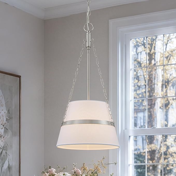 11.4" Brushed Nickel Drum Pendant Lights Kitchen Island White Fabric Shade | Modern Transitional, Cone Shape, 3 Side Chains, 1-Light, Breakfast Nook, Reading Corner, Adjustable Height 11.42"W x 23.82"H
