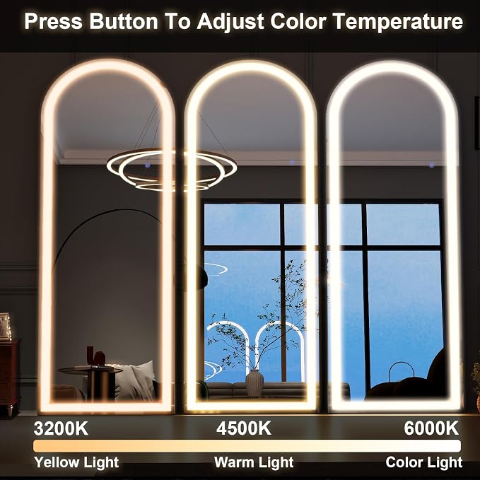 Arched LED Mirror Full Length Standing, 64"x21" Full Body Mirror | Lighted Floor Mirror with Stand, Dimmable & 3 Color Lighting, Wall Mounted Leaning Standing Mirror for Bedroom, Cloakroom