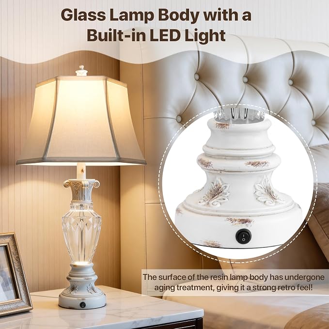 28.5" White Table Lamps Set of 2, Resin Glass Nightstand Lamp with USB Port | Vintage Farmhouse Lamp for Living Room Bedroom, 3-Color Temperatures Bedside Lamp, Table Lamp with Nightlight, Bulbs Included
