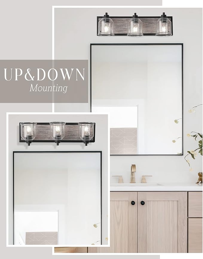 Vanity Lights for Bathroom Large 23", Farmhouse Rustic Vanity Light with Bubble Glass Shades, Gray 3 Light Bathroom Lighting Fixtures Over Mirror, Bath Wall Sconce Home Decor
