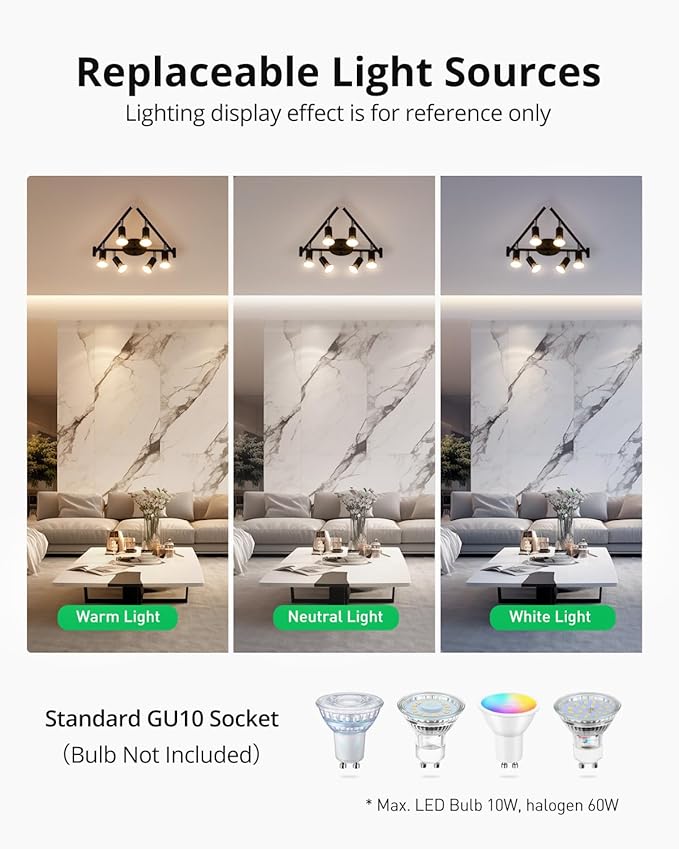 Bojim 6 Light LED Track Lighting Kit, Ceiling Spot Lighting with Adjustable Light Heads & Foldable Light Arms, Matte Black Kitchen Track Lighting (GU10 Socket, Bulbs Not Included)