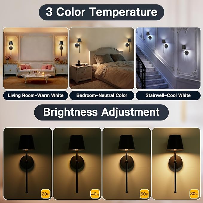 TaoFiaCo Battery Operated Wall Sconces Set of 2,Wireless Wall Sconce Black | 5200mAh Rechargeable, Remote, Timer, Dimmable, Cordless Wall Light for Bedroom Living Room, Hallway, Light Decor