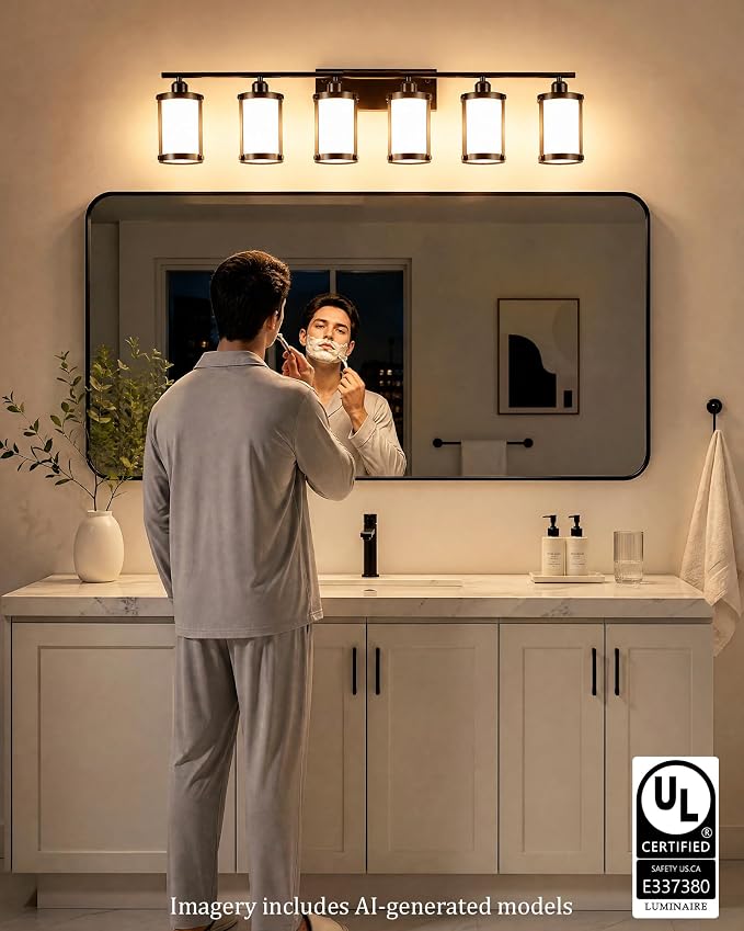 6-Light Oil Rubbed Bronze Bathroom Light Fixtures Over Mirror with Frosted Milk Glass and Metal Cage Shade, 42" UL-Listed Modern Farmhouse Wall Sconce for Bath, Hardwire E26, OS-3014ORBW-6W