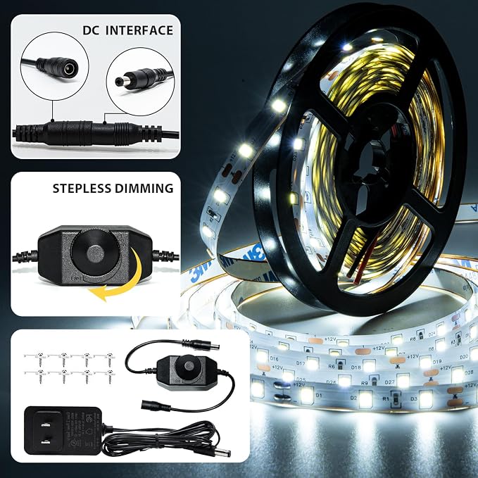 LED Strip Lights 100ft Dimmable 6000K Bright White Strip Lighting, 30M 1800 LEDs 2835 Flexible Ribbon Light, 12V LEDs Tape LED Lights for Bedroom,Kitchen, Home Decoration