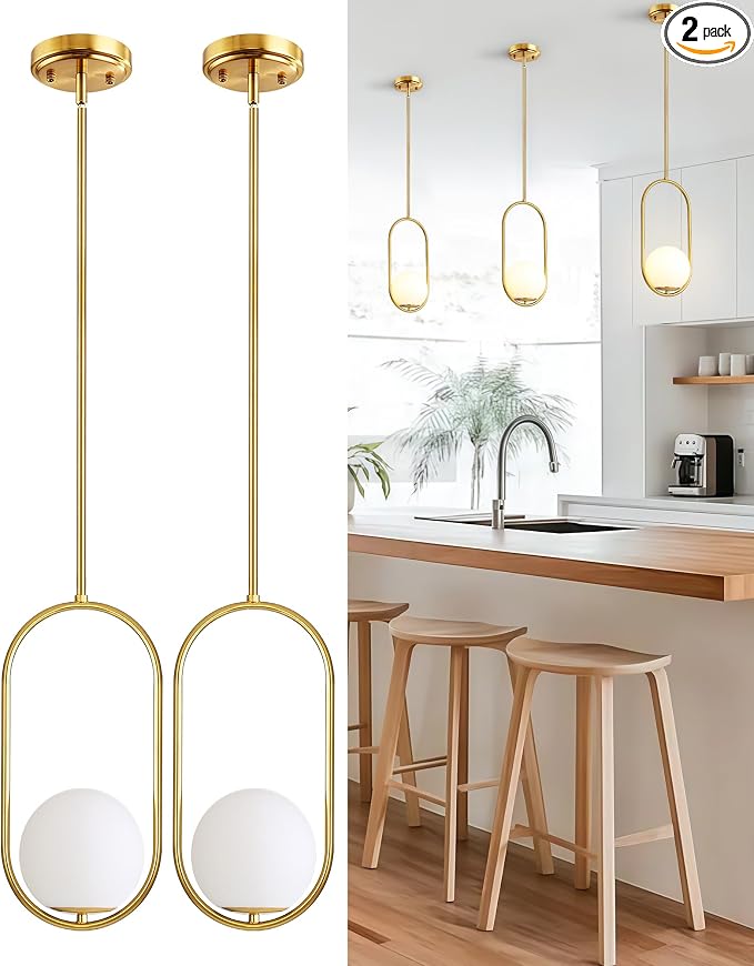 Majade Pendant Lights Kitchen Island, Mid Century Modern Pendant Light Fixtures, 2 Pack Gold Globe Glass Pendant Lighting, Brass Chandelier Adjustable Hanging Light for Dining Room Bathroom Bedroom