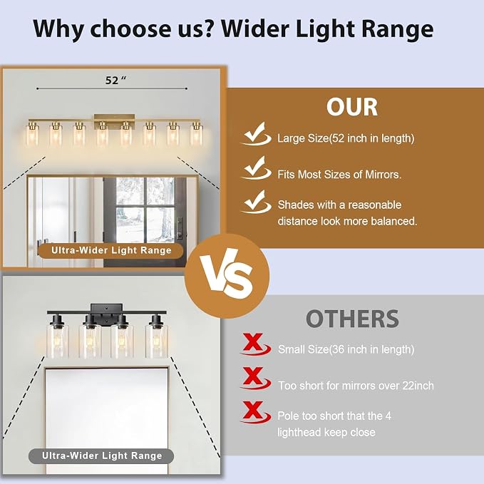 IZORRO Modern Bathroom Light Fixtures, 8 Light Gold Vanity Lights, Bathroom Lighting Fixtures Over Mirror with Clear Glass for Living Room Cabinet Bedroom