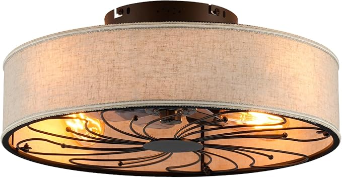 Boho Ceiling Fan with Jute Fabric Shades and Remote Control, Small Caged Bladeless Low Profile Ceiling Fan with Light, 20 Inch Modern Flush Mount Light Kit for Bedroom Kitchen Living Room