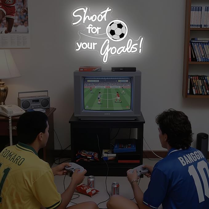 Soccer Neon Sign for Wall Decor Shoot for Your Goals Led Sign Dimmable Football Neon Light up Signs for Boys Bedroom Playroom Living Room Wall Art World Cup Soccer Party Decorations