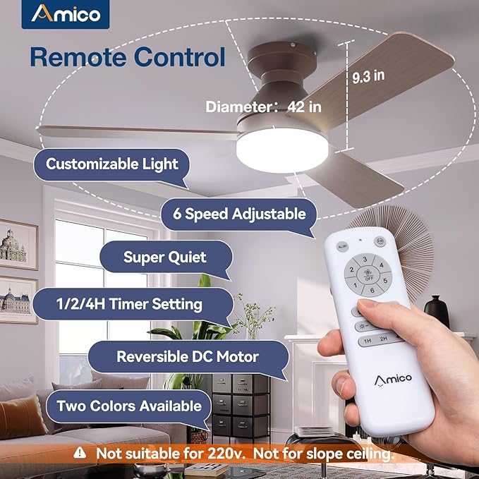 Amico 42 Inch Brown Low Profile Ceiling Fans with Lights and Remote | Flush mount, 3-color dimmable light, quiet reversible DC motor, easy install, memory, timer, bedroom, covered outdoor areas