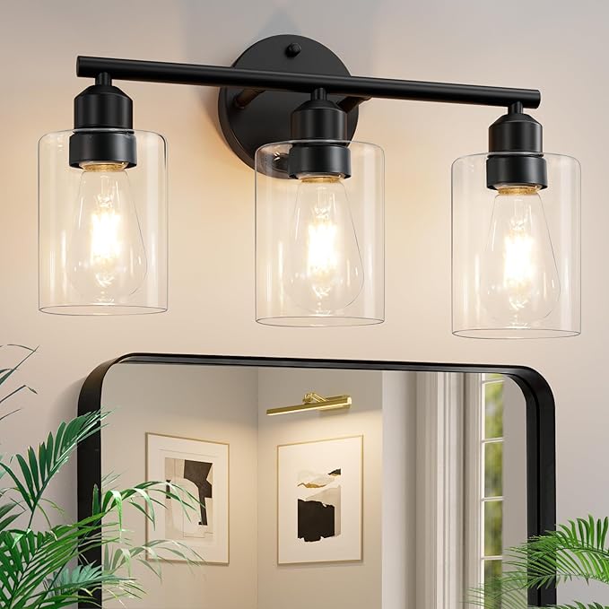 3-Light Black Modern Bathroom Vanity Light Fixtures, 17.3" | Glass Shade, For Bathroom Mirror, Kitchen, Living Room, Bath, Metal