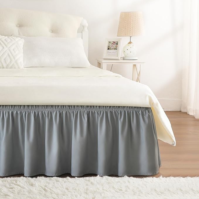 RIMELA Light Grey Bed Skirt King Size 12 Inch Drop, Elastic Bed Skirting for Bed Base and Frame, Bedding Dust Ruffle Easy to Install, Lightweight Wrap Around Adjustable Bedskirt