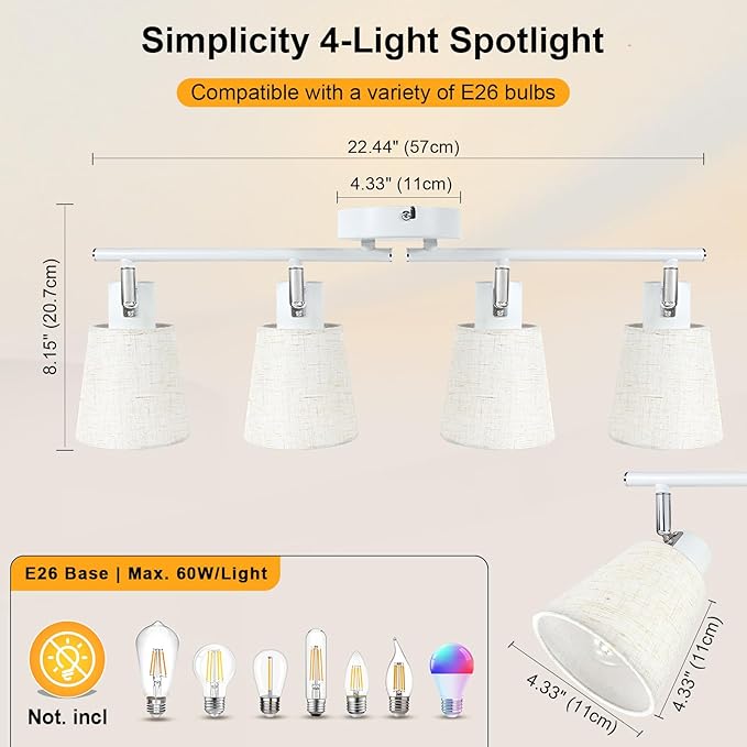 LTBLIGHT 4-Light Track Lighting Kit, Modern White Linen Ceiling Spotlights Fixture, Flexibly Rotatable Track Lighting for Kitchen Living Room Bedroom, E26 Base(Bulb Not Included)