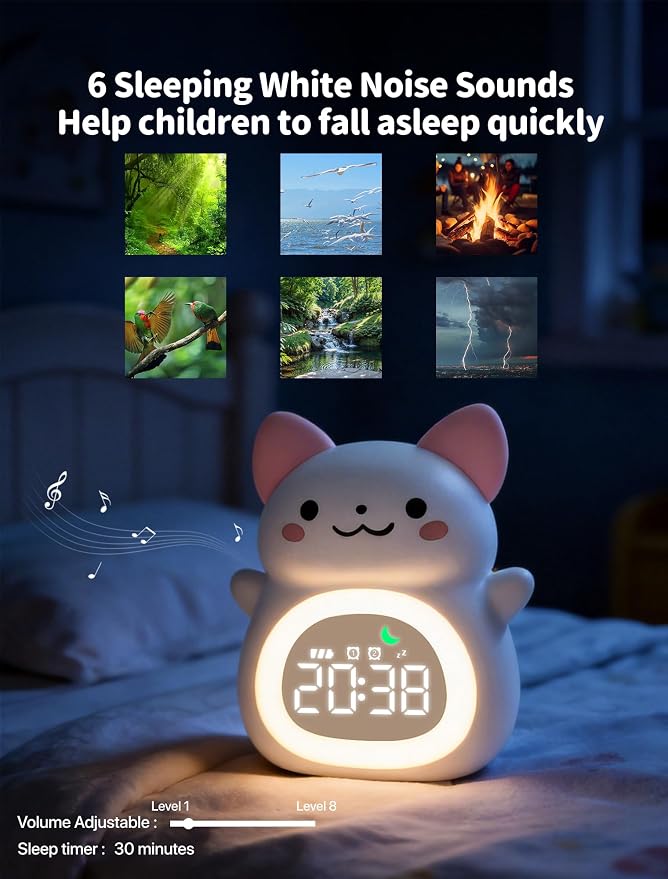 MASHI Cat Kids Alarm Clock with Time to Wake Sleep Trainer White Noise | Sun & moon wake cues, 7-color night light,Snooze， dual alarms and 6 soothing sounds help kids build healthy sleep habits