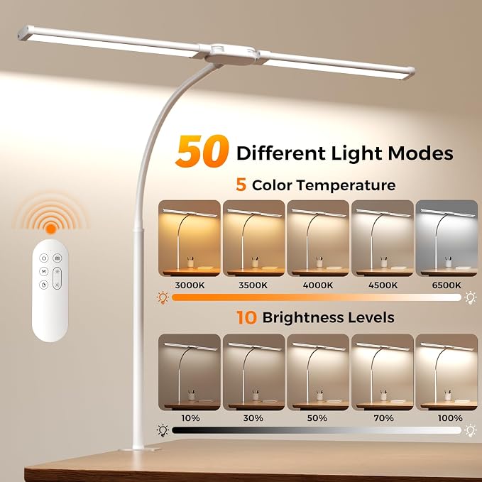 LED Desk Lamp with Clamp - Double Head Desk Light with Remote and Touch - Eye Protection - 12 W, 5 Color Modes, Timer and Memory Function, Flexible Gooseneck - for Office, Reading - White