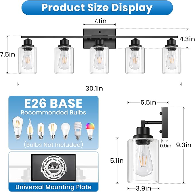 Ascher 5 Light Bathroom Light Fixture, Matte Black Bathroom Lighting Fixtures Over Mirror, Vanity Light with Clear Glass Shade, Wall Sconce for Living Room Bedroom Cabinet, E26 Base
