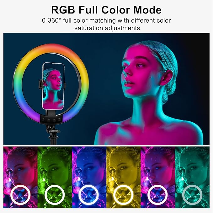 10" Selfie Ring Light with 74" Tripod Stand, RGB Full Color Modes Selfie Light with Extendable Tripod, Phone Holder, iPad Holder, Remote for iPhone & Android,TikTok/Makeup/Photography/Vlog