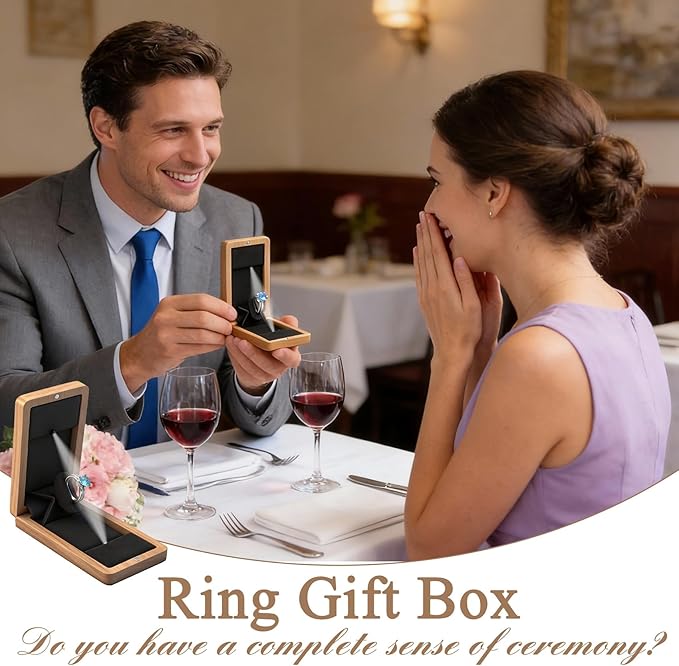 Wooden Engagement Ring Box For Proposal Valentine's Day Jewelry Gift Box Wood Rotating Wedding Day Ring Box With Led Light Gift Packaging(White Oak)