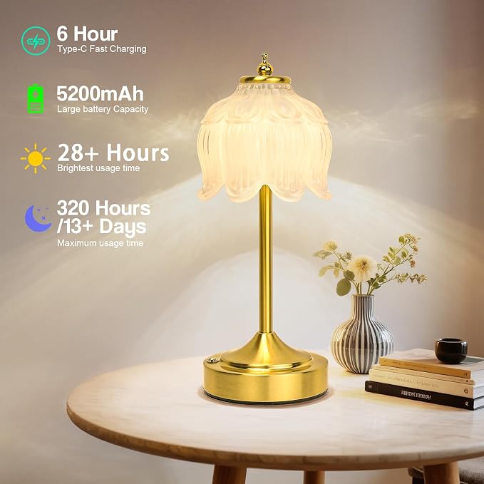 Cordless Table Lamp, Rechargeable White Glass Lotus Flower Lamp | 5200mAh touch lamp with 3 color modes and stepless dimming, battery operated lamp for nightstands and kitchen counters