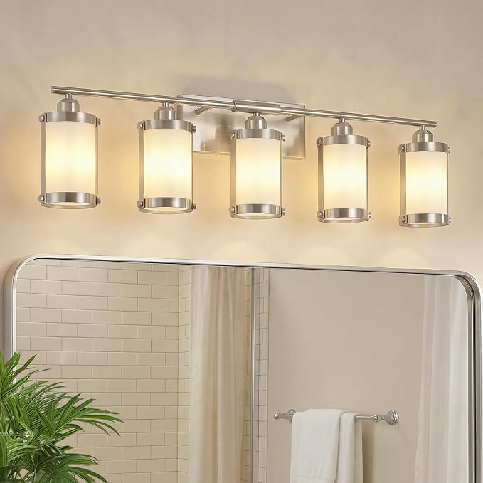 5-Light Brushed Nickel Bathroom Light Fixtures Over Mirror with Frosted Milk Glass and Metal Cage Shade, 38" UL-Listed Modern Farmhouse Wall Sconce for Bath, Hardwire E26, OS-3014BNW-5W