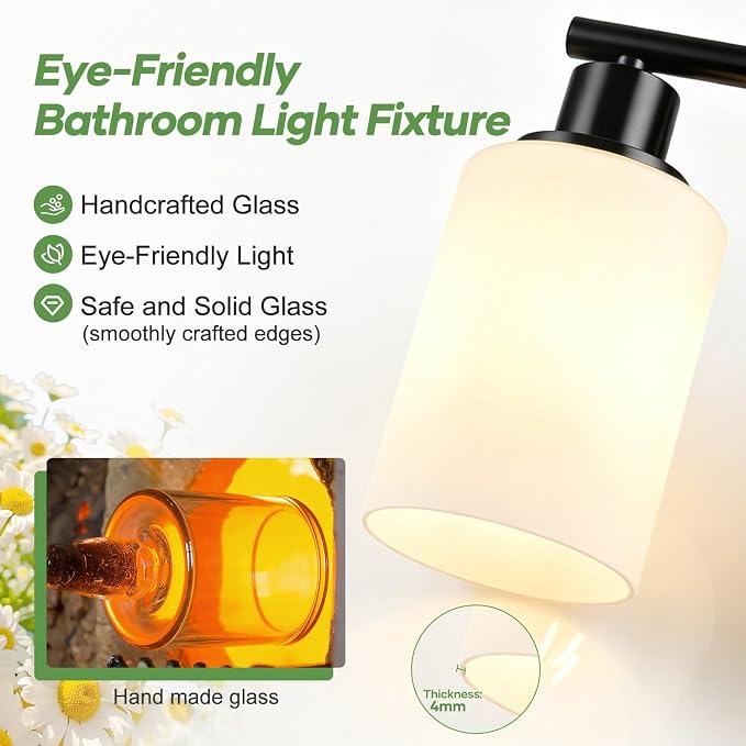 Zarbitta 6-Light Bathroom Light Fixtures, Black Modern Vanity Lights with Milky White Frosted Glass Shades, Bathroom Wall Lamp, for Mirror, Living Room, Kitchen, Hallway, Cabinet, Porch