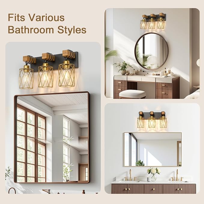 IZORRO Farmhouse Bathroom Vanity Light, 3-Light Wood Bathroom Light Fixtures Over Mirror, Black and Gold Industrial Vanity Lights with Metal Shade, Rustic Restroom Lighting Fixtures