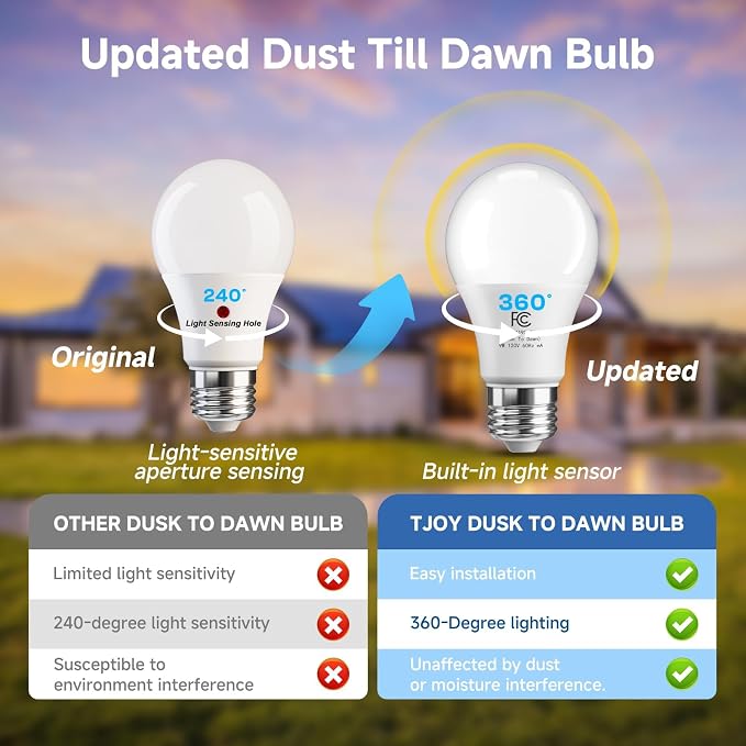 TJOY Dusk to Dawn Light Bulb Outdoor, Light Sensor, Automatic on/Off, 5000K | Photocell A19 LED Bulb for Outdoor Porch Lighting, 60W Equivalent, Energy Efficient 9W, Daylight, E26 Base, 2 Pack