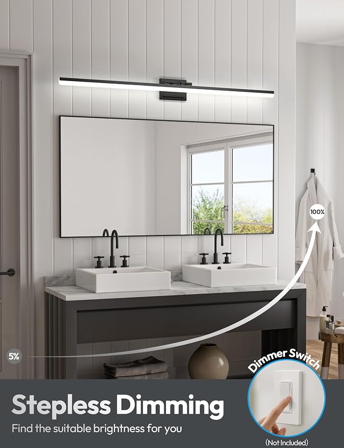 VOLISUN Modern Bathroom Vanity Light 55 inch, 45W Dimmable 5CCT Led Bathroom Light Fixture Over Mirror, Black Bar Vanity Light for Bathrooms Mirror Cabinets Bedroom
