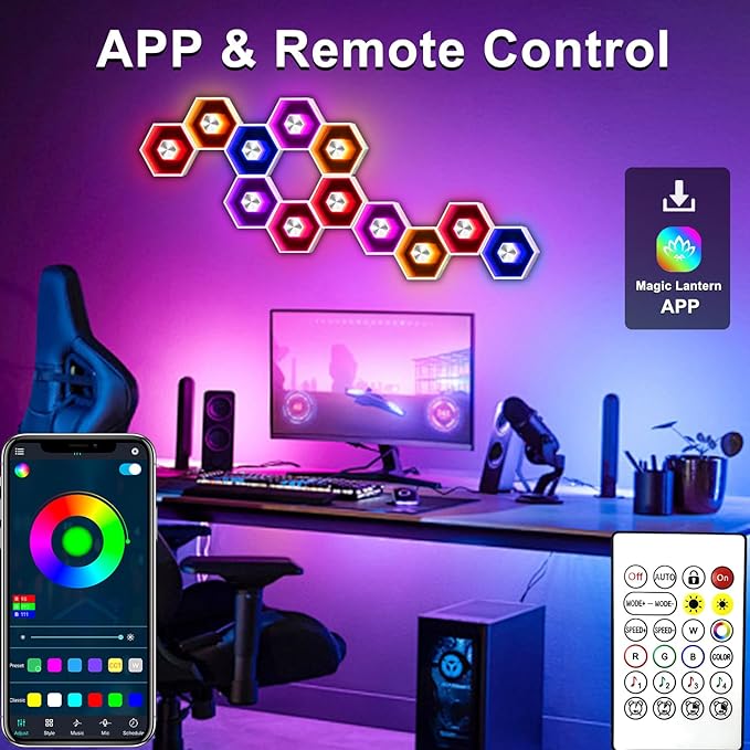 Hexagon LED Lights - 8 Pack Smart APP RGB | Gaming LED Light with Remote Control & Music Sync Honeycomb Shape Hexagon Wall Lights for Bedroom, Gaming Decor