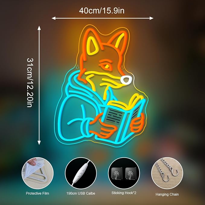 Fox Reading Book Neon Sign Animal Books Neon Wall Decor Colorful Neon Lights for Library Bookshelves Classrooms Bedrooms Wall Art Decoration Classroom LED Light Sign Art Gifts for Book Lovers