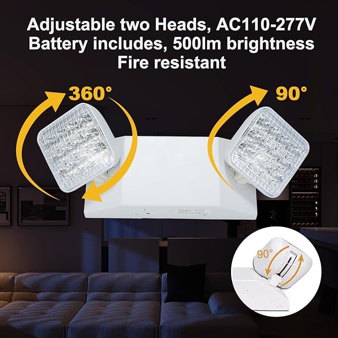 LED Emergency Lights 12 Pack with Battery Backup - 2 Head Emergency Lighting for Home & Business, AC120-277V, White