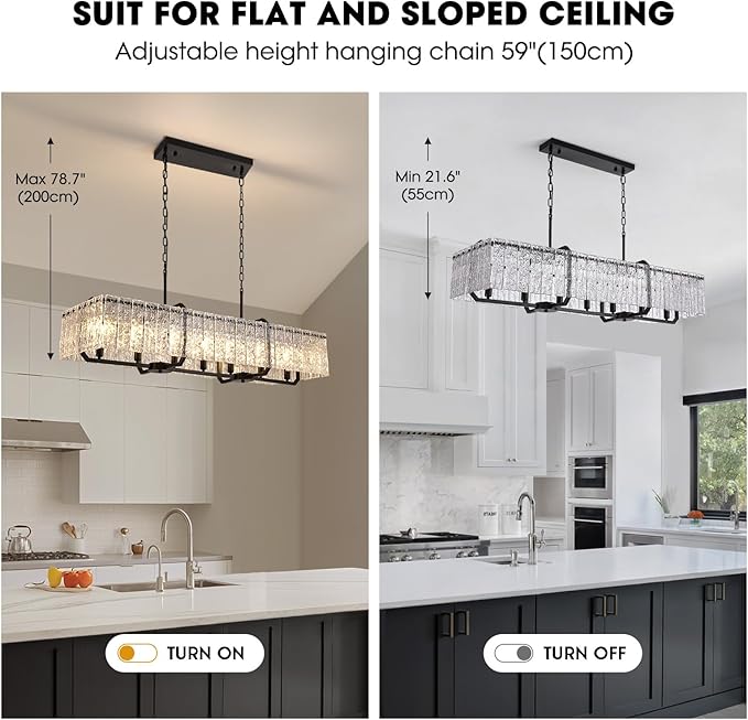 CROSSIO Rectangle Black Crystal Chandeliers for Dining Room, 47inch Large Rectangular Water Ripple Glass Island Light Fixture, Luxury Rectangular Chandelier for Kitchen Island Living Room