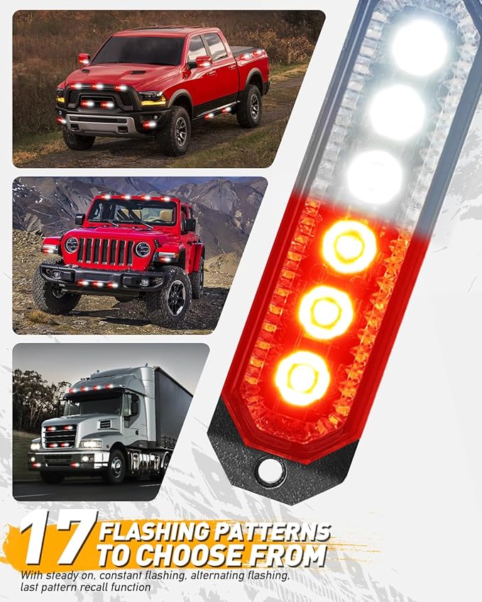 HLauto 406T Emergency Strobe Grille Lights: 4Pcs 6 LED Sync Feature Safety Warning Flashing Light, 12V-24V Ultra Slim Surface Mount Hazard Caution Light for Truck, Vehicle, Car, ATV, UTV (Red White)