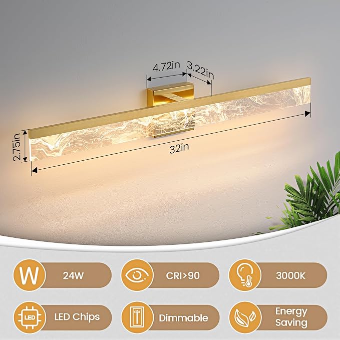 AIJIASI Gold Bathroom Light Fixtures, 32 Inch Modern Vanity Lights for Bathroom 24W Dimmable Vanity Lighting Fixtures Over Mirror LED Vanity Light Bar for Restroom Mirror 3000K