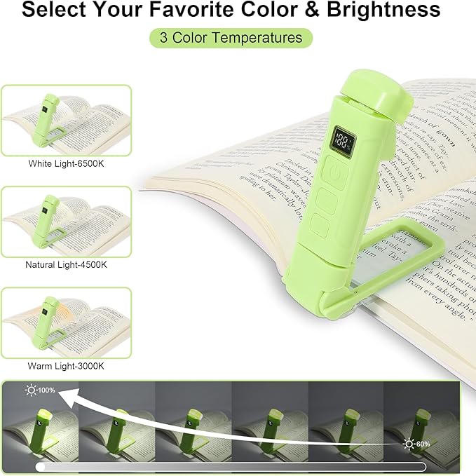 Rechargeable Book Light with Timer, 3 Color Temperatures, 6 Brightness Levels, Clip-on Book Lights for Reading at Night, Great Gift for Book Lovers(Green, Digital-Timer)