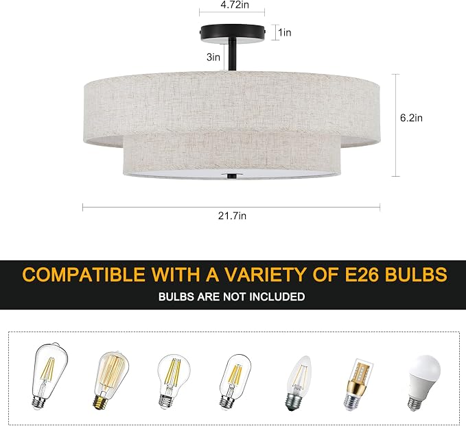Modern Semi Flush Mount Ceiling Light 21.7" Modern Black 4-Lights Drum Ceiling Lighting Fixture Vintage Linen Golden Ceiling Lamp for Laundry Room, Kitchen, Living Room, Dining Room, Bedroom