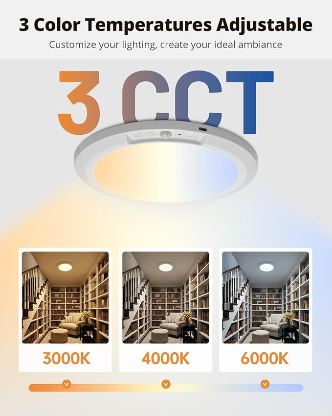 wowatt 10000mAh Rechargeable Battery Operated Ceiling Light with Remote 2PC | 400LM, Wireless Magnetic Overhead Lighting, Motion Sensor, 3 Color Changing, Dimmable Rechargeable Ceiling Lights for Shower