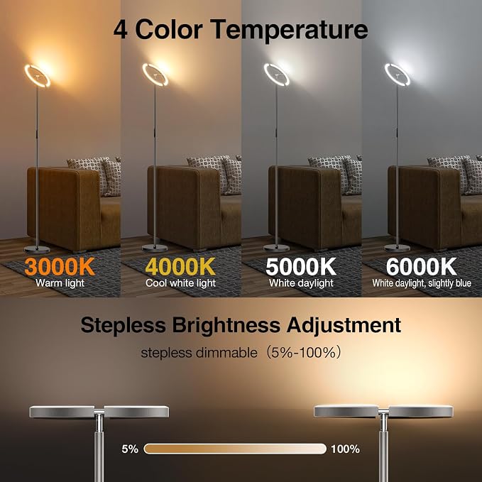Gunmetal Gray LED Floor Lamp - Rotatable Standing Lamp for Living Room Bedroom, 22W Dimmable Floor Readig Light with Touch/Remote Control, Modern Corner Lamp for Office, Brightness Adjustable